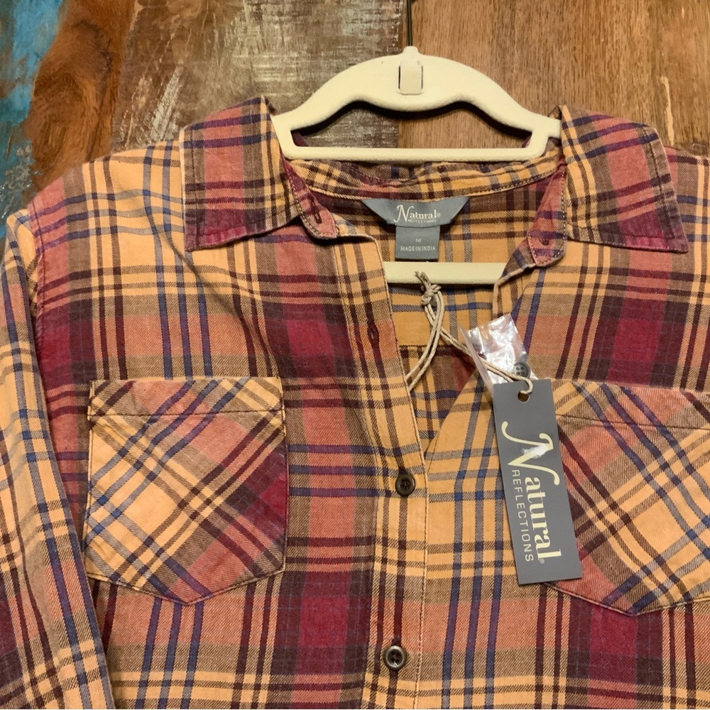 🌸🌸 Natural Reflections Women's Plaid Button Down Shirt - Brown and Pink